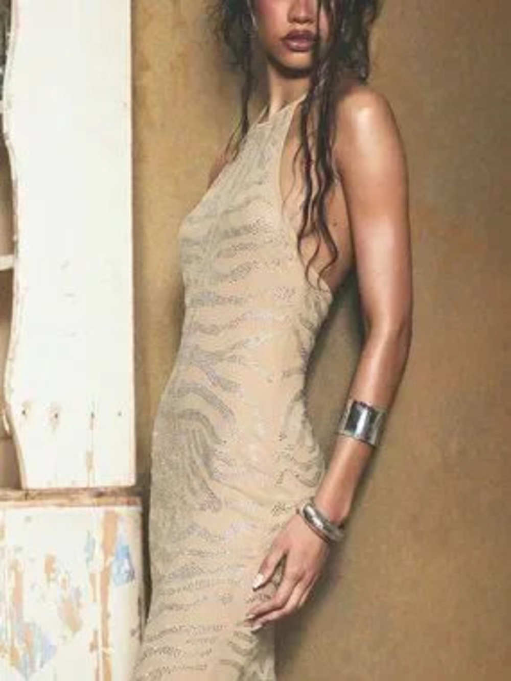 Cream Party Women's Rhinestone Tiger Print Halter Maxi Dress